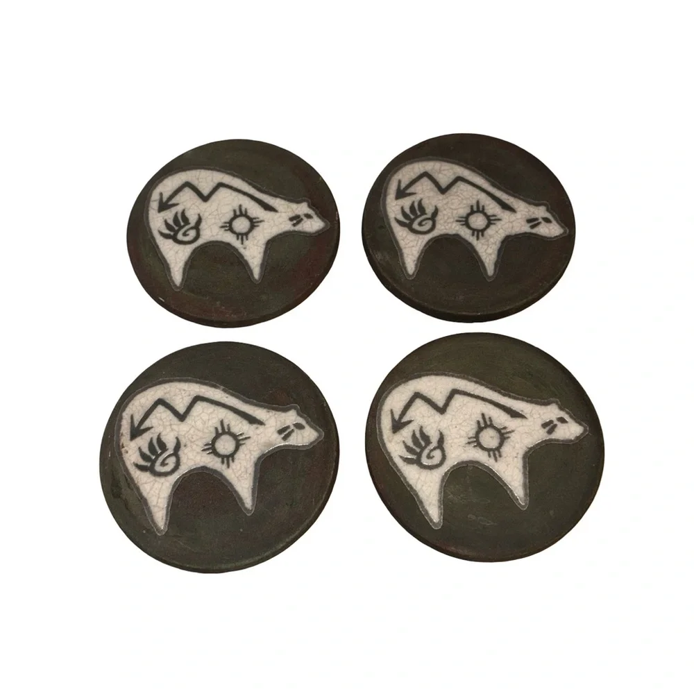 New! Raku Pottery Works Sighed J. Diller Bear Design Coasters Set of 4
